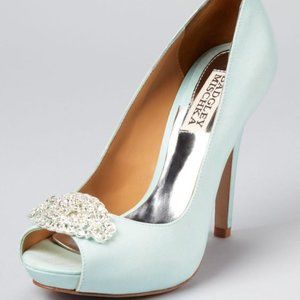 Badgley Mishka Goodie Jeweled Platform Peep-Toe Wedding Heels Blue - size 8.5
